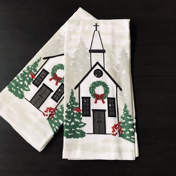 Country Christmas Church Winter Holiday Dish Towels Set - Picture 1 of 3